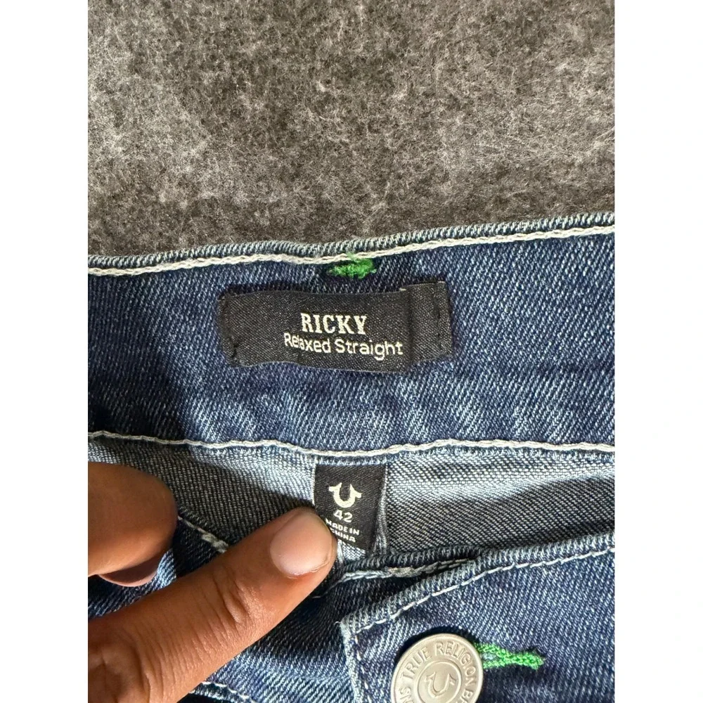 True Religion Ricky Relaxed Straight Jeans Mens 42 Blue Denim Neon‎ Green Stitch